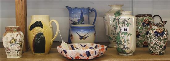 Two Shelley Indian Peony pattern vases, Doulton yellow jug with moulded figure & sundry ceramics (9)